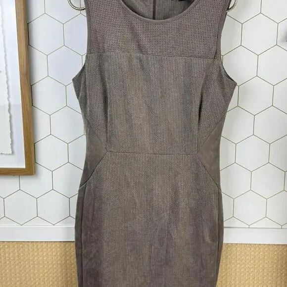 Greylin Taupe Faux Suede Sleeveless Sheath Back Zipper Dress - Size - Medium - Picture 6 of 6